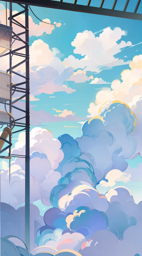 2d anime bg, only sky, a few cloud, pastel, bright tone, simple bg, no details, just simple, less cloudy bg, chain link fence bu...