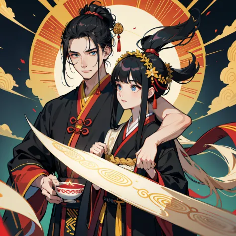 16k，hyper HD，Two-dimensional style，Classical Chinese men，Long black hair，Big eyes dark and bright，Wearing beautiful Hanfu，Face forward，Wear gorgeous blonde hair ornaments on your head，Height 195cm，Handsome and compelling。