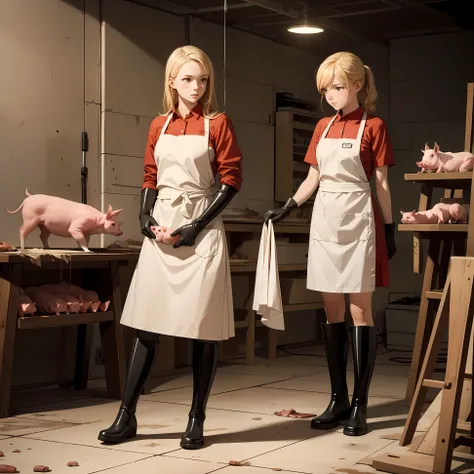 Large-scale slaughterhouses,Pigs dissecting,Beautiful blonde female ...