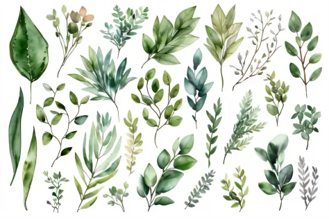 Various watercolors of green leaves and branches, botanic foliage, botanical watercolors, Green plants, verdant plants, detailed plants, detailed beautiful plants, leaves foliage and stems, green leaf, botanical background, leafs, wild foliage, hyperdetail...