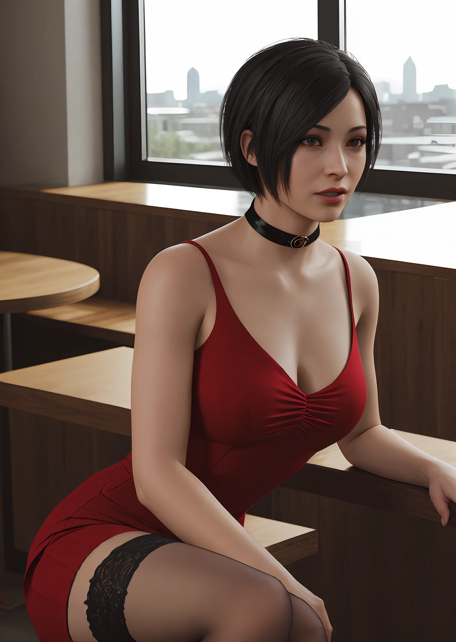 1girl, ((portrait)) of beautiful ADAWONG, looking at viewer, black hair, short hair, ((red dress)), black choker, transparent black stocking, side slit, blush, blotchy makeup, trending on Artstation, ada, realistic, athletic night, highly detailed skin, warm skin tone, ((frowning)), ((pouting)) highly detailed face, highly detailed pupils, highly detailed iris, RAW photo, best quality, high resolution, ((masterpiece)), tonemapping, photorealistic, realistic, professional photography, sharp focus, HDR, 8K resolution, intricate detail, sophisticated detail, hyper detailed, (depth of field), highlight and shadow, volumetric lighting, golden hours lighting, professional light, ,inside a cafe, beside a window, highly detailed background, bokeh, sfw,