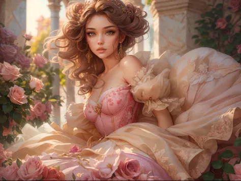 This artwork is in the style of realistic fantasy set in the castle's rose garden. Generate a woman with a beautiful detailed fa...