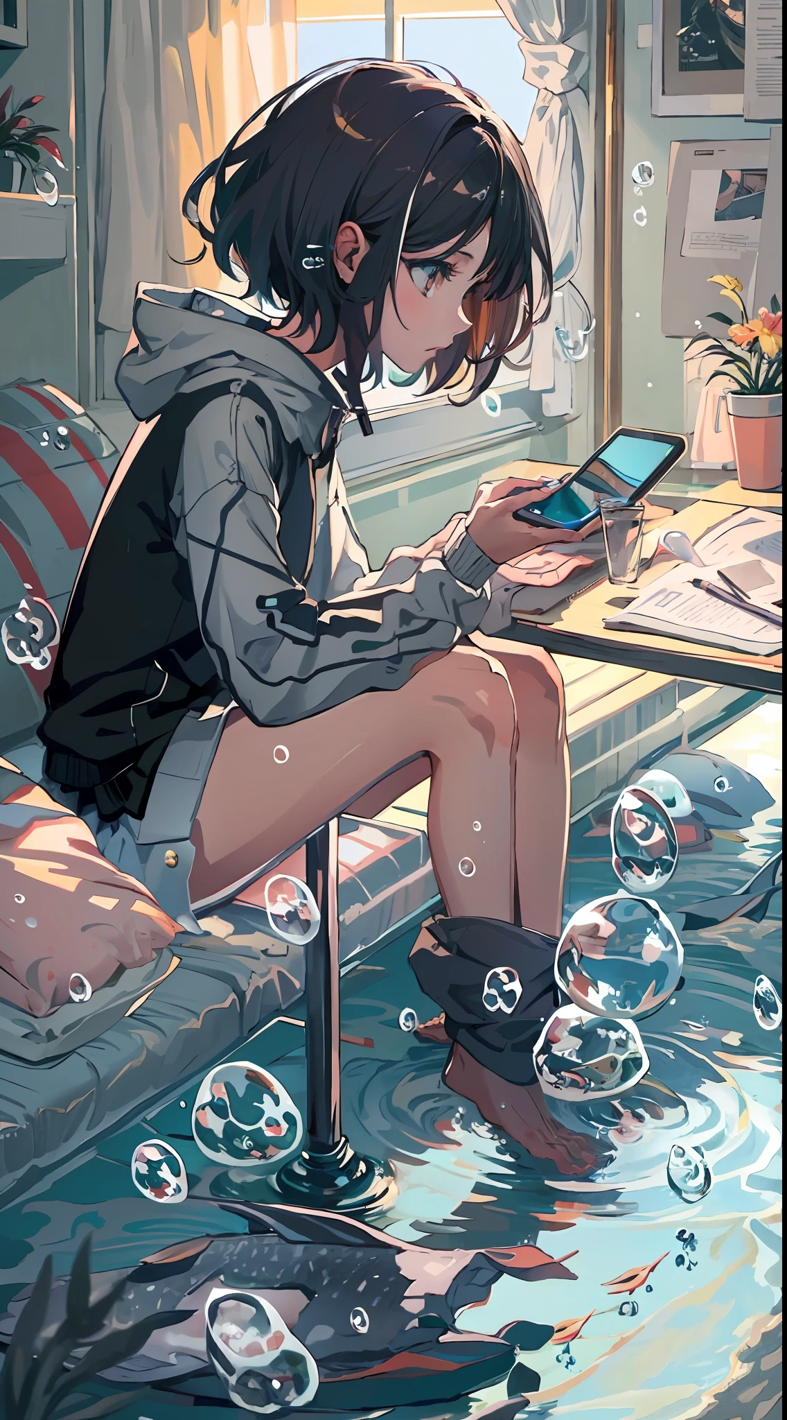 linear art, 
1girl in, Solo, Short hair, Black hair, Long sleeves, Sitting, Barefoot, Indoors, hoods, Bare legs, phone, The table, knees up, desk work, Fish, Bubble, under the water, Air bubble,