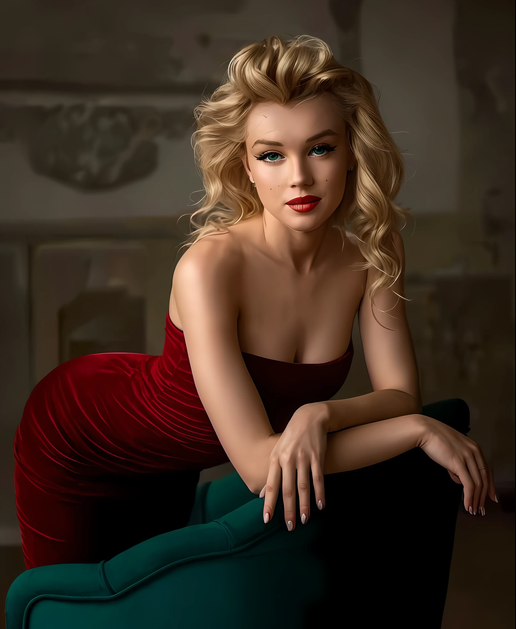 Marilyn Monroe in red dress sitting on a green chair in a room, photo of a beautiful woman, stunning elegant pose, lovely woman, attractive woman, yelena belova, Beautiful Marilyn Monroe , gorgeous woman, beautiful blonde woman, gorgeous beautiful woman, glamour pose, very beautiful woman, beautiful female model, beautiful model girl, very beautiful young woman, beautiful blonde girl