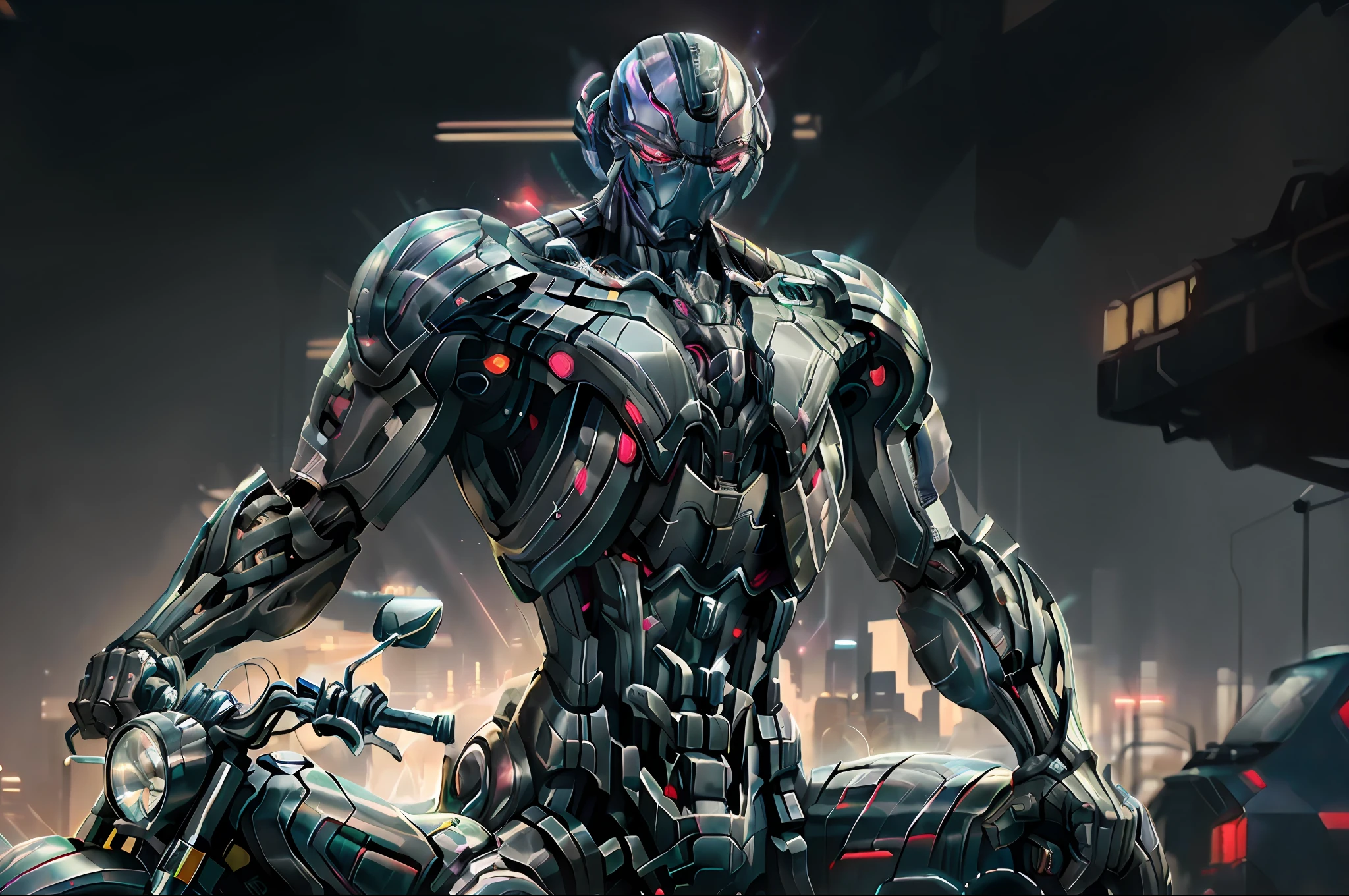 (Ultron:1.3), (Conduire une moto futuriste:1.2), Ville animée au crépuscule, néons reflétant le corps en acier, voitures et bus passant par le site, action dynamique (cyberpunk esthétique:1.2), (néon brillant:1.3), (détaillé:1.1), (hdr:1.1), (netteté:1.1)