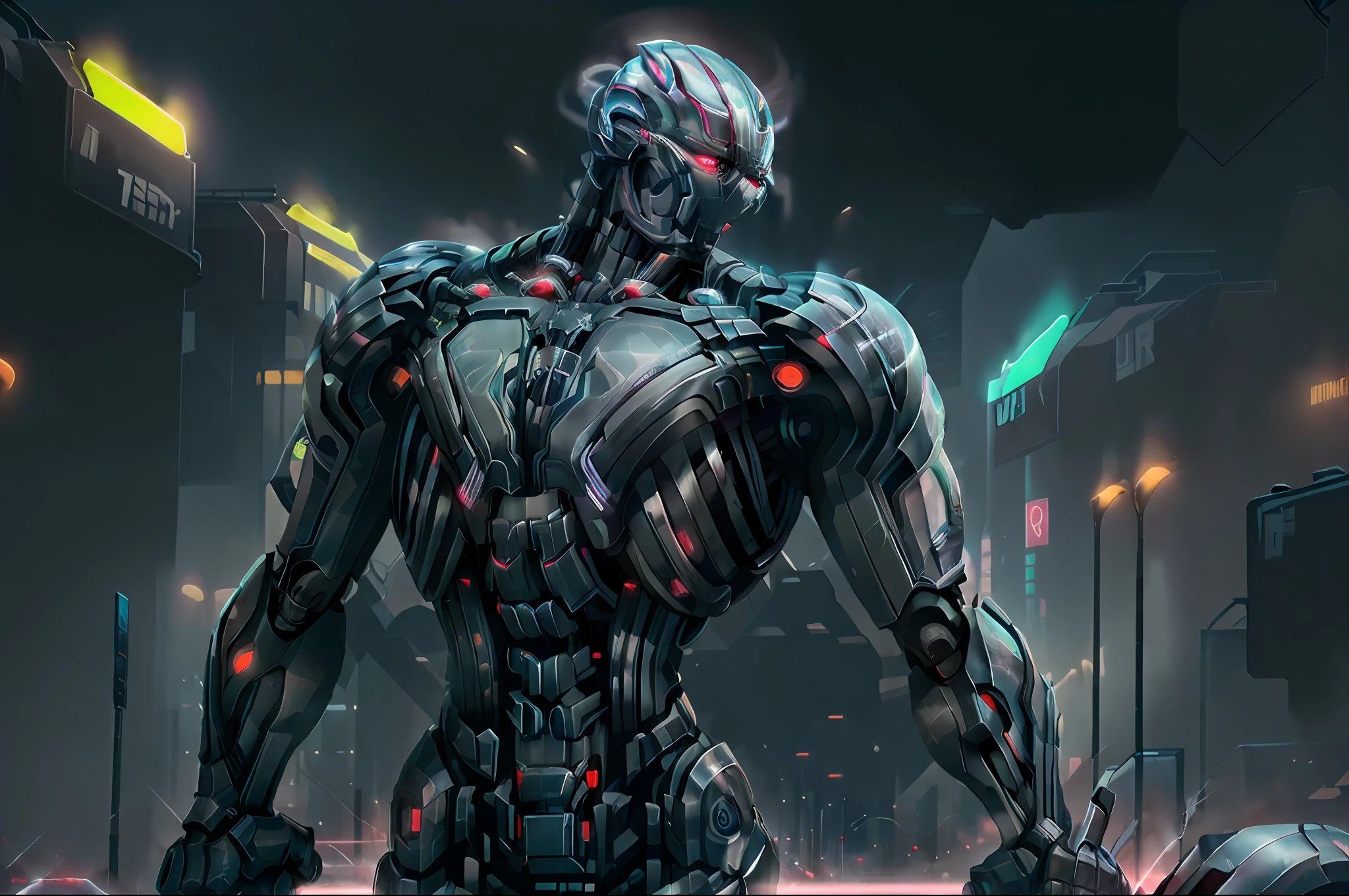 (Ultron:1.3), (Futuristisches Motorrad fahren:1.2), Geschäftige Stadt in der Abenddämmerung, Neonlichter reflektieren den Stahlkörper, Autos und Busse, die durch das Gelände fahren, dynamische Aktion (aesthetic cyberpunk:1.2), (leuchtendes Neon:1.3), (detailliert:1.1), (HDR:1.1), (scharfer Fokus:1.1)