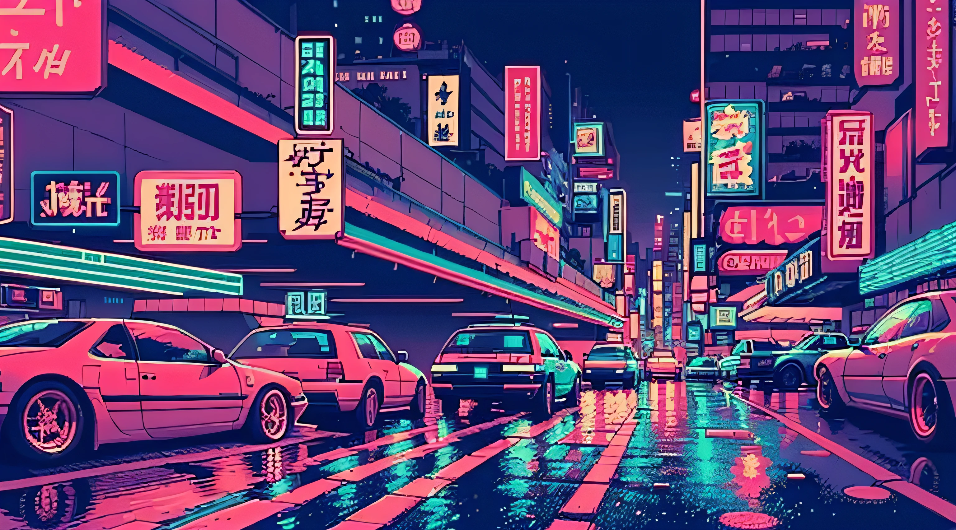 (bokeh effect), (dinamic angle), ((Masterpiece artwork)), (streets of tokyo), (zebracross), (Raby), (natta), empty city, tenebrosa, (neon), pixelart, ((pixelated)), cyberpunk, (retro)