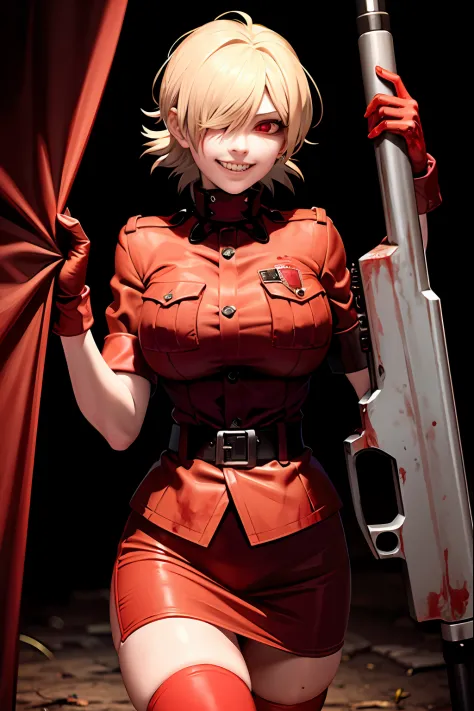 (masterpiece, best quality:1.2), (covered in blood,:1.3) walking, seras victoria, hellsing, 1girl, solo, hair over one eye, smil...