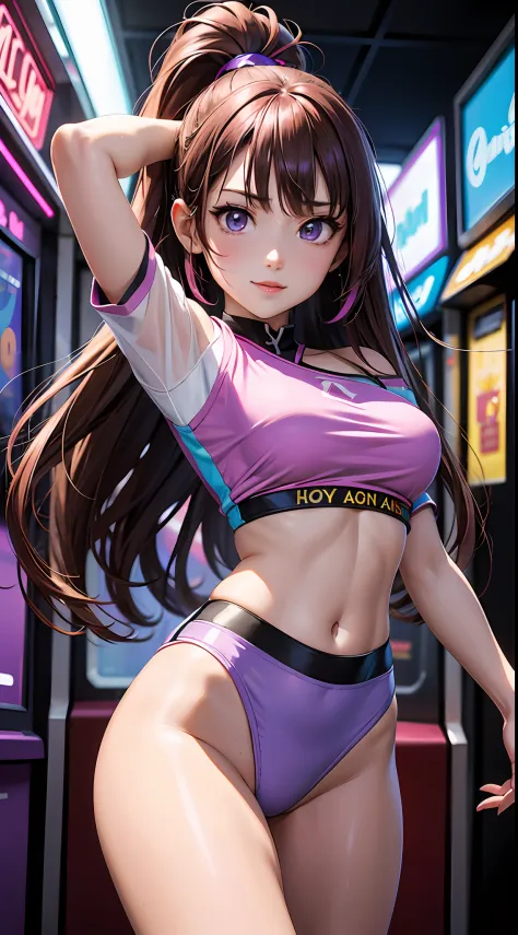 ((Masterpiece)), best quality, absurderes, ultra detailed, holographic, cowboy shot, dynamic pose, golden ratio, super cute girl, mature girl, idol girl, super beautiful asian girl with very beautiful violet glowing eyes, beautiful glowing brown multicolor...