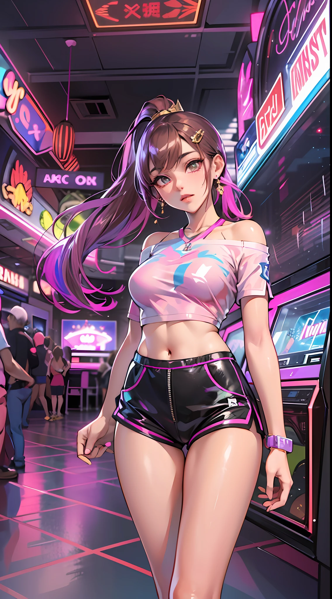 ((Masterpiece)), best quality, absurderes, ultra detailed, holographic, cowboy shot, dynamic pose, golden ratio, super cute girl, mature girl, idol girl, super beautiful asian girl with very beautiful violet glowing eyes, beautiful glowing brown multicolored hair, high ponytail, nice and sexy body, slim body, perfect body, wearing a super tight anime printed leotard, an anime printed super tight off shoulder short sleeve crop top, a super aesthetic transparent mini jacket, beautiful hair ornament, pink jordan tennis, being photographed in the dancing arcade games