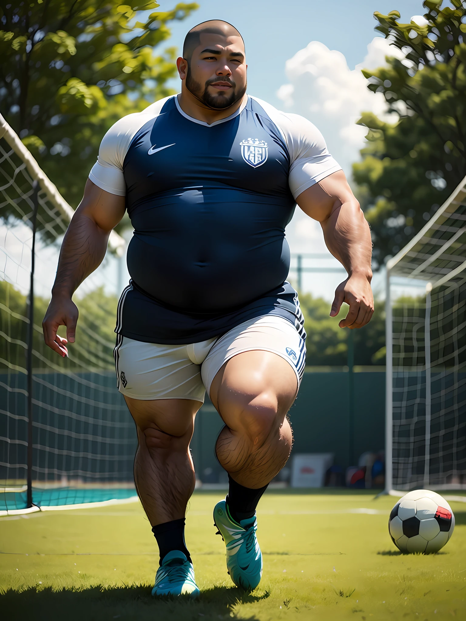 Arafed man in a blue shirt and white shorts kicking a soccer ball - SeaArt  AI