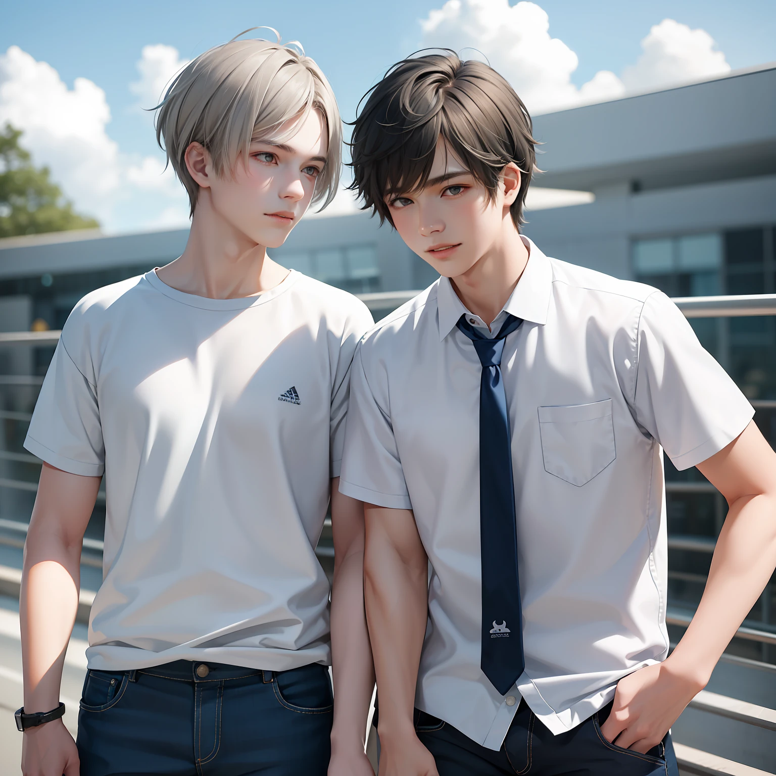Two 15-year-old teenage male friends with brown skin light gray hair like the clouds at school share a secret that they are friends almost like brothers.