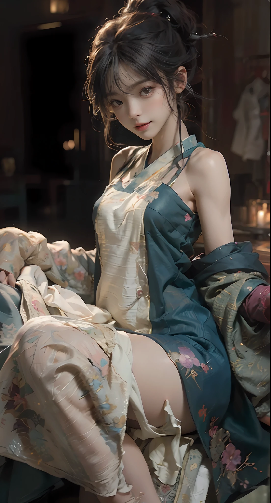 ((Best picture quality, 8K, tmasterpiece:1.3)), 1girll, Beautiful woman with slender abs:1.3, (Casual hairstyle:1.2),intricate detailed clothes , Fine fine skin，Messy hair，Ultra-fine face, A detailed eye, double eyelid，is shy，dynamicposes，ssmile，Hanfu，Slip dress，High detail official artwork，detailed anime art，portrait of a female anime hero，