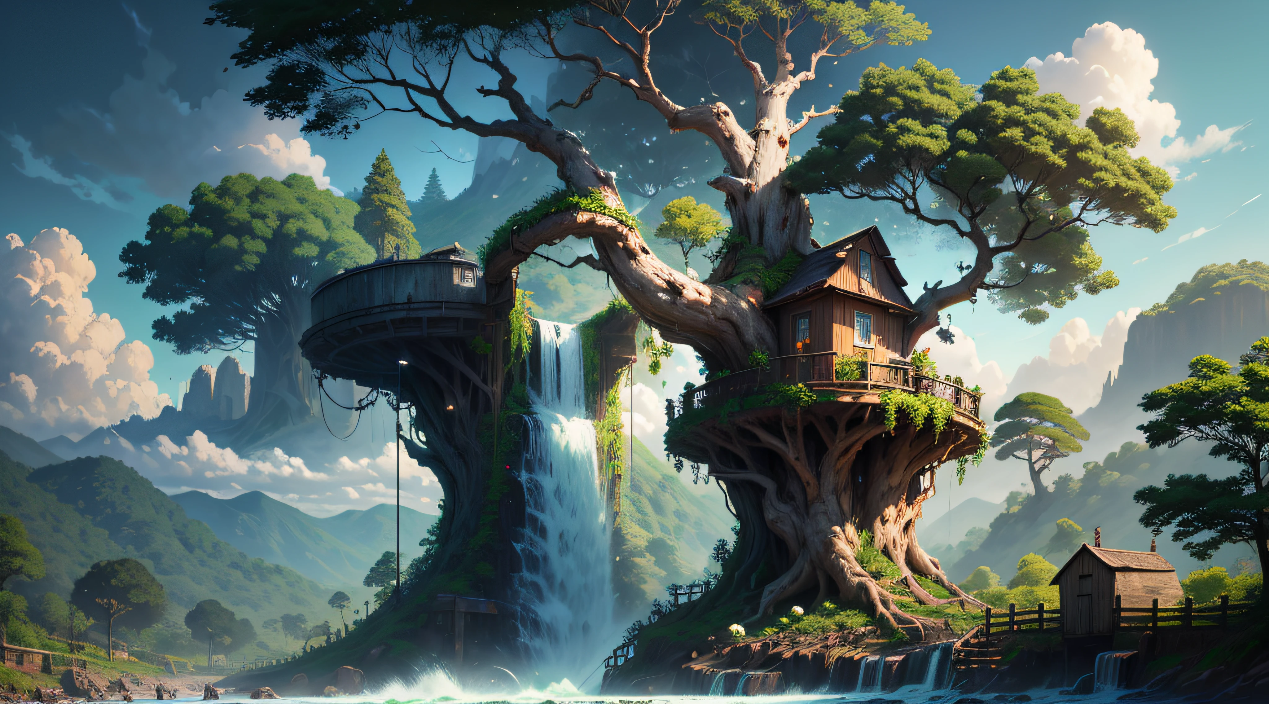 Gigantic colorful trees with many vines, palmtrees, coconut tree, fallen logs, a watermill with a waterwheel, Windmill Mill, in a lush waterfall, river with large hyper realistic rocks, sky with clouds, floor, moonligh, global ilumination, Depth of field,