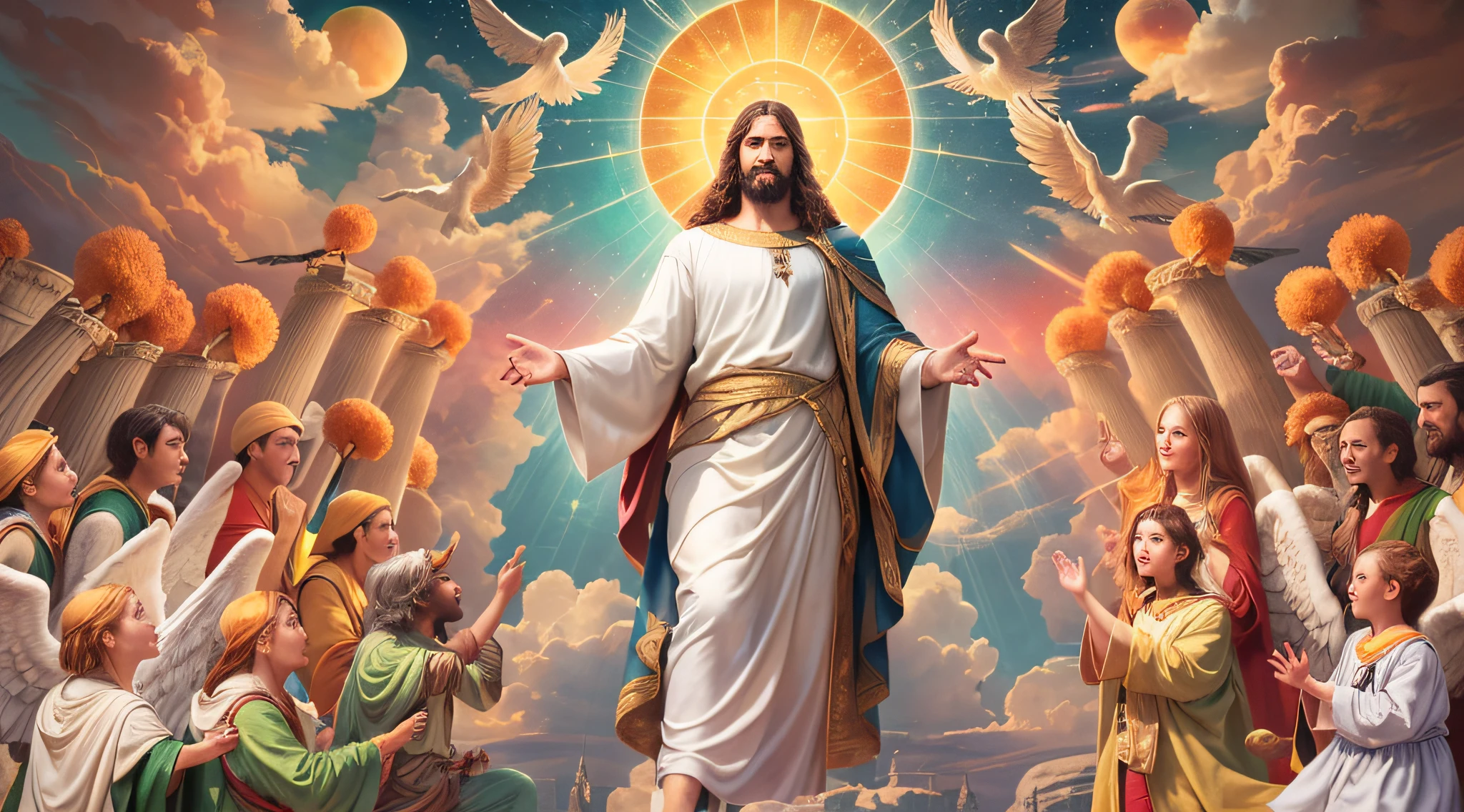 超リアルな8K映像: イエスと父なる神との第三天の素晴らしさ!
8Kウルトラリアリズムのこの壮大な画像で, あなたはそのすべての素晴らしさの中で第三の天を見るでしょう, 父なる神のそばにイエスと共に, 彼らの天の玉座に座って. シーンはまばゆいばかりの色と正確な詳細でいっぱいです, すべての神聖な側面を見事に捉える. イエスの表情は平安と喜びを伝えます, 父なる神が威厳と最高の力を放つ間. 周りの天使たちは畏敬の念を抱いています, そして、神の調和の感覚が環境全体に浸透しています. この超リアルな画像は、精神的な反省と神とのつながりを刺激することができます, 神の愛と憐れみの偉大さを明らかにする.