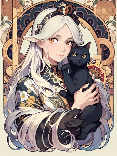 Anime - Style portrait of a woman holding a cat in her arms, Alphonse mucha and rossdraws, Guviz-style artwork, Anime fantasy il...