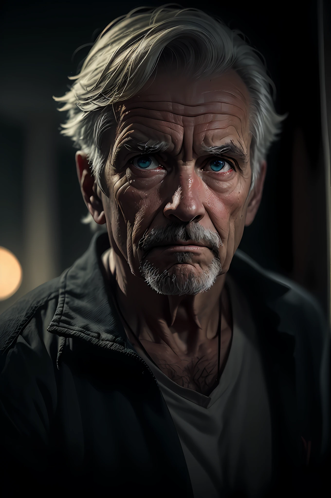 (sharp focus:1.2), an award-winning shot of a old man peasant, thunderstorm outside, dull backlighting, extremely detailed skin, sadness, hopelessness, bleary eyes, (deep shadows:1.1), high contrast, beautiful eyes, absurd, 8k, (high quality: 1.3), , artstation hd, concept art, detailed face and body, award winning photography, (moody lighting:1.2), depth of field , bokeh, 4K, HDR