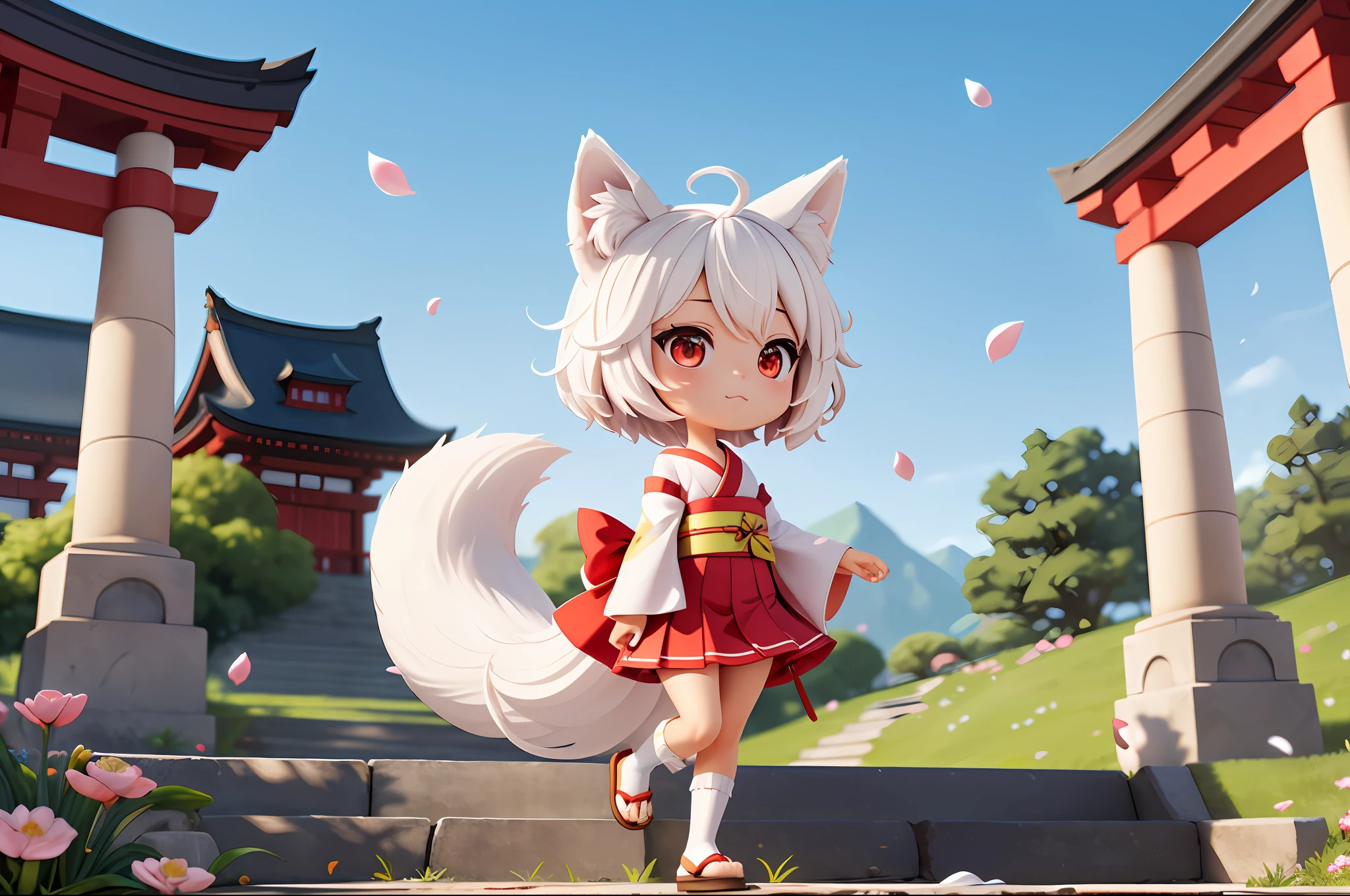 Fox Girl, Short hair, White hair, Wolf ears, Red Eyes, Detached long sleeves, White kimono, Pleated miniskirt, Fox tail, The fox's tail is nine tails,diffuse sunlight, depth of fields, light Particle, strong breeze,
Blue sky, shrines, stone stairs, petals falling, Face Focus