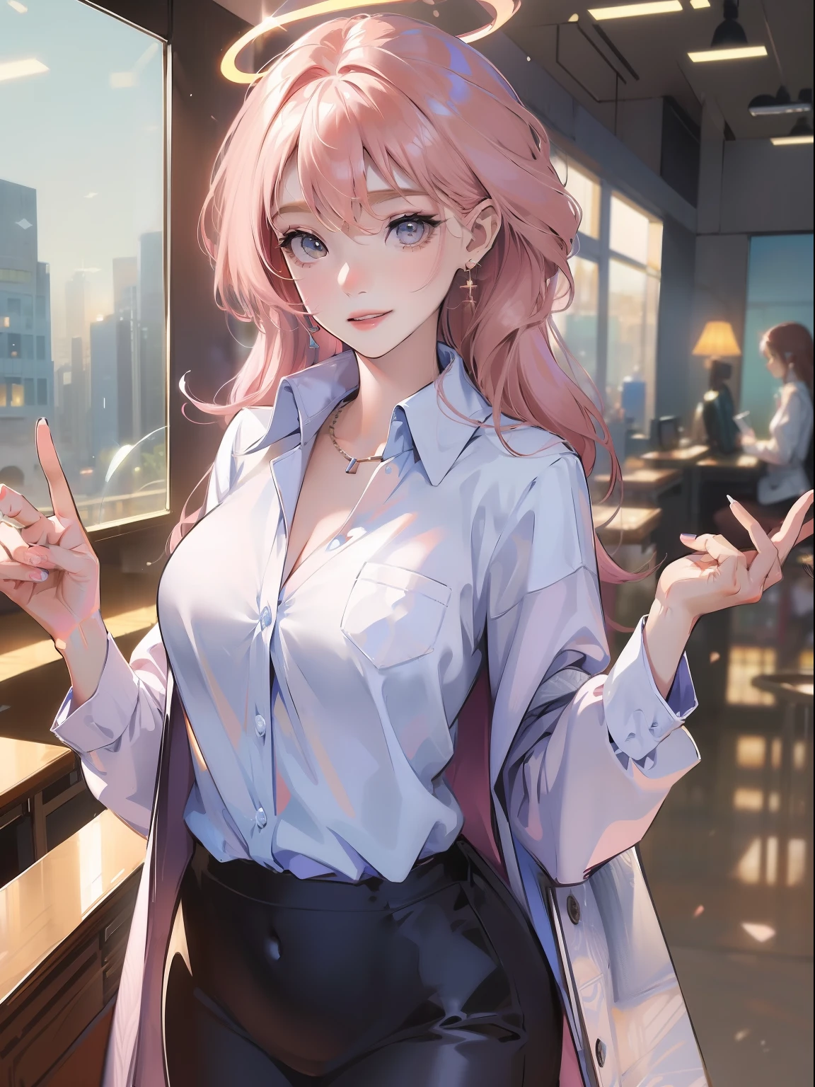((masterpiece, best)),(1girl),((mature woman)), light pink hair, halo, trumpet, ((office lady)), bangs, mid-chest, (full), slim, smiling, [wide hips ], office, standing, aru \(blue file\),