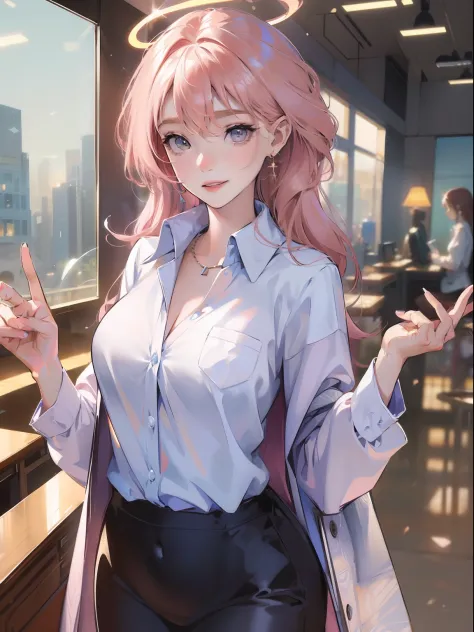 ((masterpiece, best)),(1girl),((mature woman)), light pink hair, halo, trumpet, ((office lady)), bangs, mid-chest, (full), slim,...