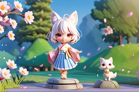 (((chibi 3d)))fox girl, short hair, white hair, wolf ears, red eyes, detached long sleeves, white kimono, pleated miniskirt, fox...