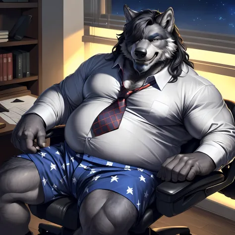 (by narse, by null-ghost, by darkgem, by personalami) older male,old chubby wolf,black fur:1.3,(dark gray hair, hair over eye:1....