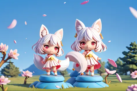 (((chibi 3d)))fox girl, short hair, white hair, wolf ears, red eyes, detached long sleeves, white kimono, pleated miniskirt, fox...