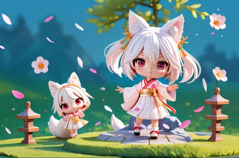 (((chibi 3d)))fox girl, short hair, white hair, wolf ears, red eyes, detached long sleeves, white kimono, pleated miniskirt, fox...