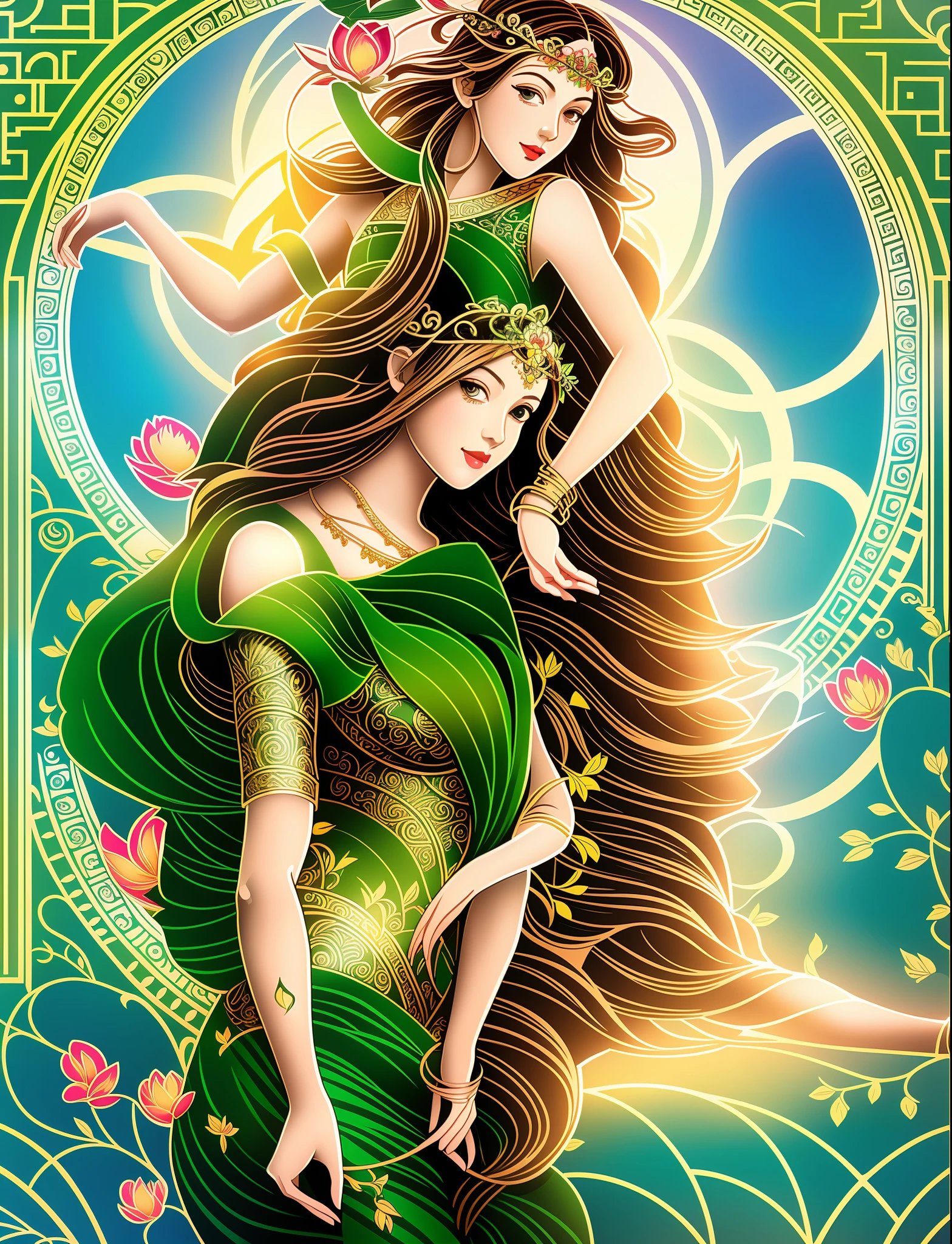 Close-up of a woman wearing a flower crown，Perfect body structure，There are green leaves and flower crowns on the hair, The beautiful body is surrounded by decorative patterns，Green vines accompanied by flowers，The body has light and dark shadows，The background picture is colorful，Full of geometric decorative patterns，romanticism lain，art nouveau illustration, venus goddess, mucha style 4k, art nuveau, Art Nouveau masterpiece, Fresh Art Nouveau, anime art nouveau, persephone in spring,