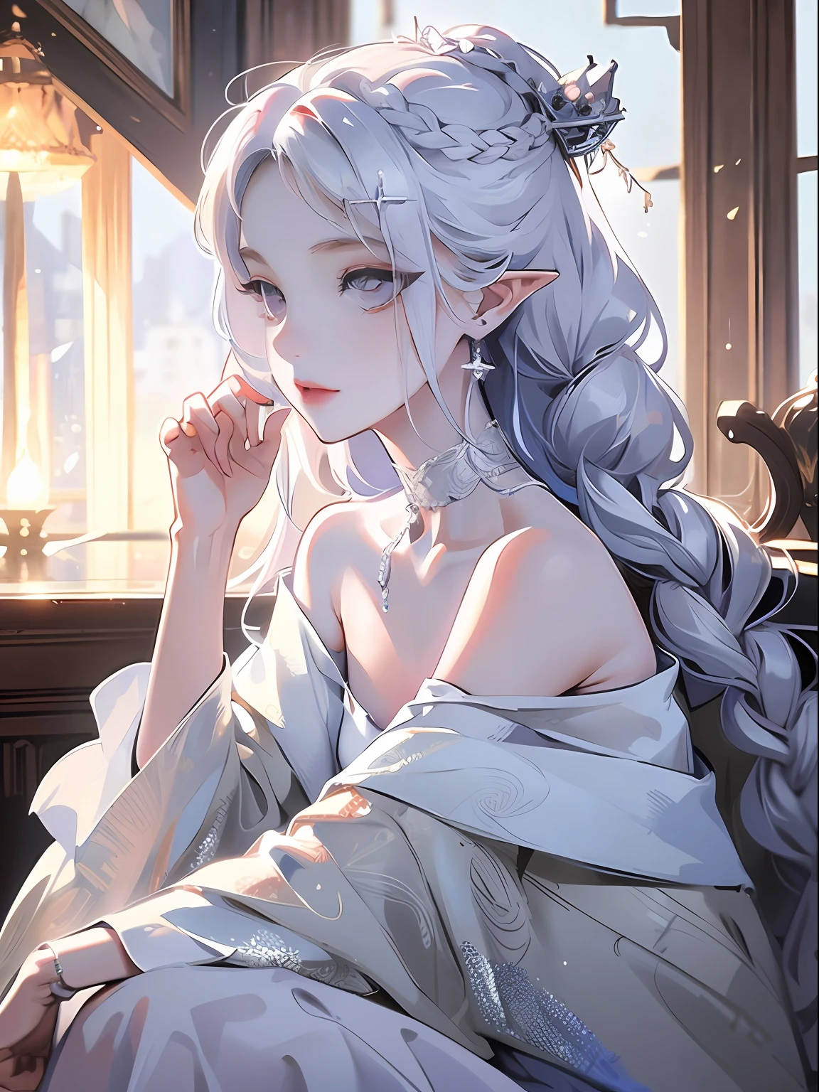 Best quality, highly detailed, masterpiece, ultra detailed, (reality: 1.2), 1 girl, (white background), simple background, delicate eyes, silver hair, purple eyes, hair_ornament, (white off-the-shoulder shirt: 1.3), long hair, pointy_ears, crown_braid, expressionless, straight hair, (++ sitting: 1.2), room,