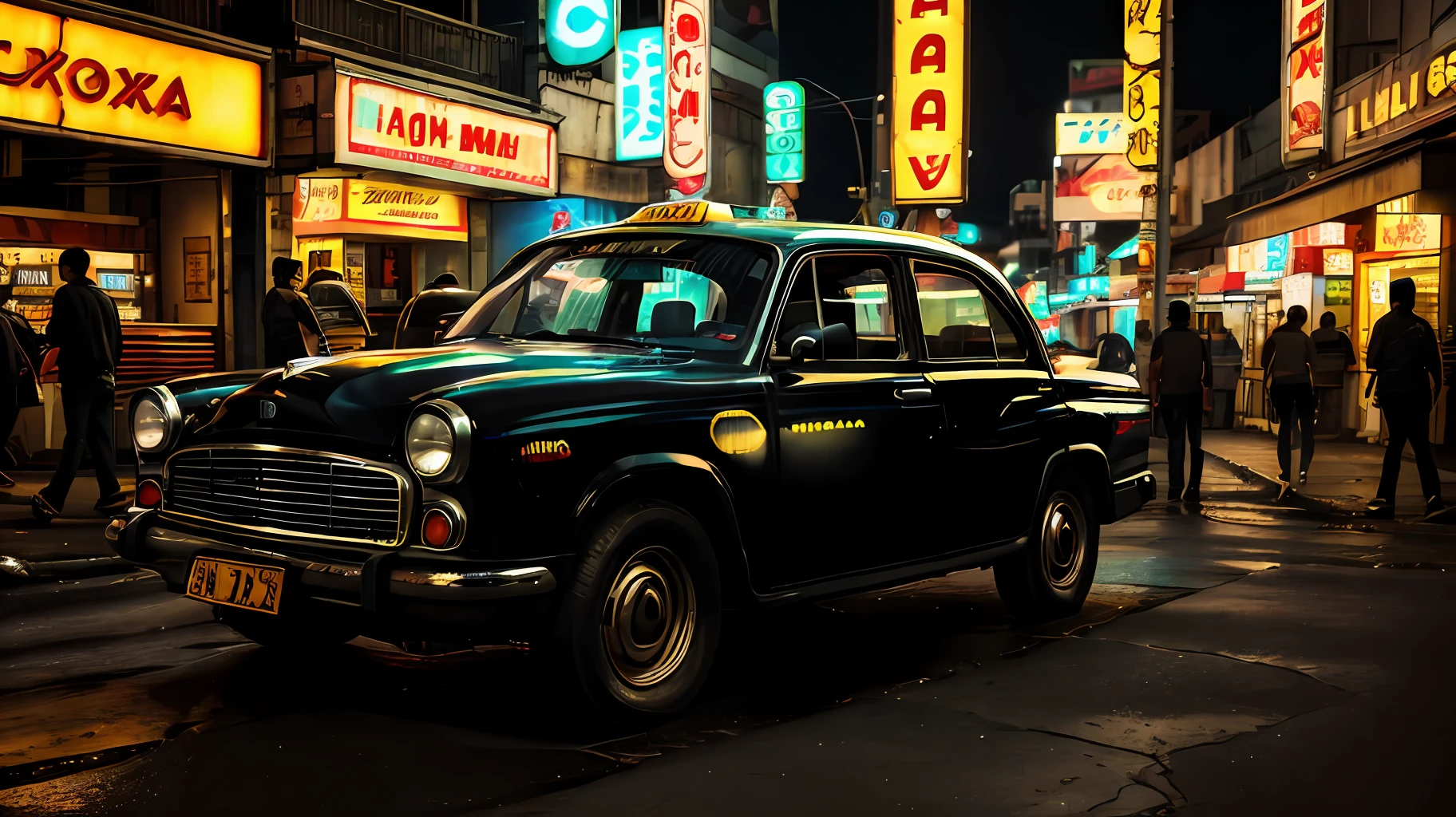 um taxi na chuvosa cidade cyberpunk bustling with neon signs(((cinematic lighthing))), noite, Chuva, luz suave do cinema, Adobe Lightroom, photographic lab, HDR, imenso detalhe, renderizado, fotografia profissional