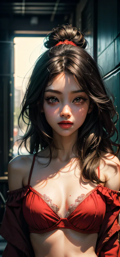 tmasterpiece, beste-Qualit, 1 girl, Aqua-colored eyes, black  hair, closed mouth, multicolored background, looks at the viewer, exteriors, 独奏, upper-body, winning, clean, beatiful face, Face Clean, pale skin, sexypose,(( topic , off-shoulder, bellybutton, ...
