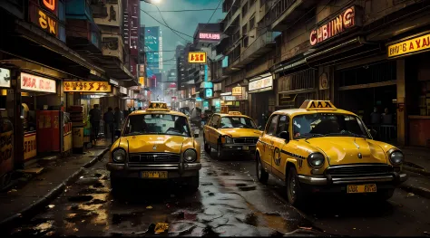 um taxi na chuvosa cidade cyberpunk bustling with neon signs(((cinematic lighthing))), noite, Chuva, luz suave do cinema, Adobe Lightroom, photographic lab, HDR, imenso detalhe, renderizado, fotografia profissional