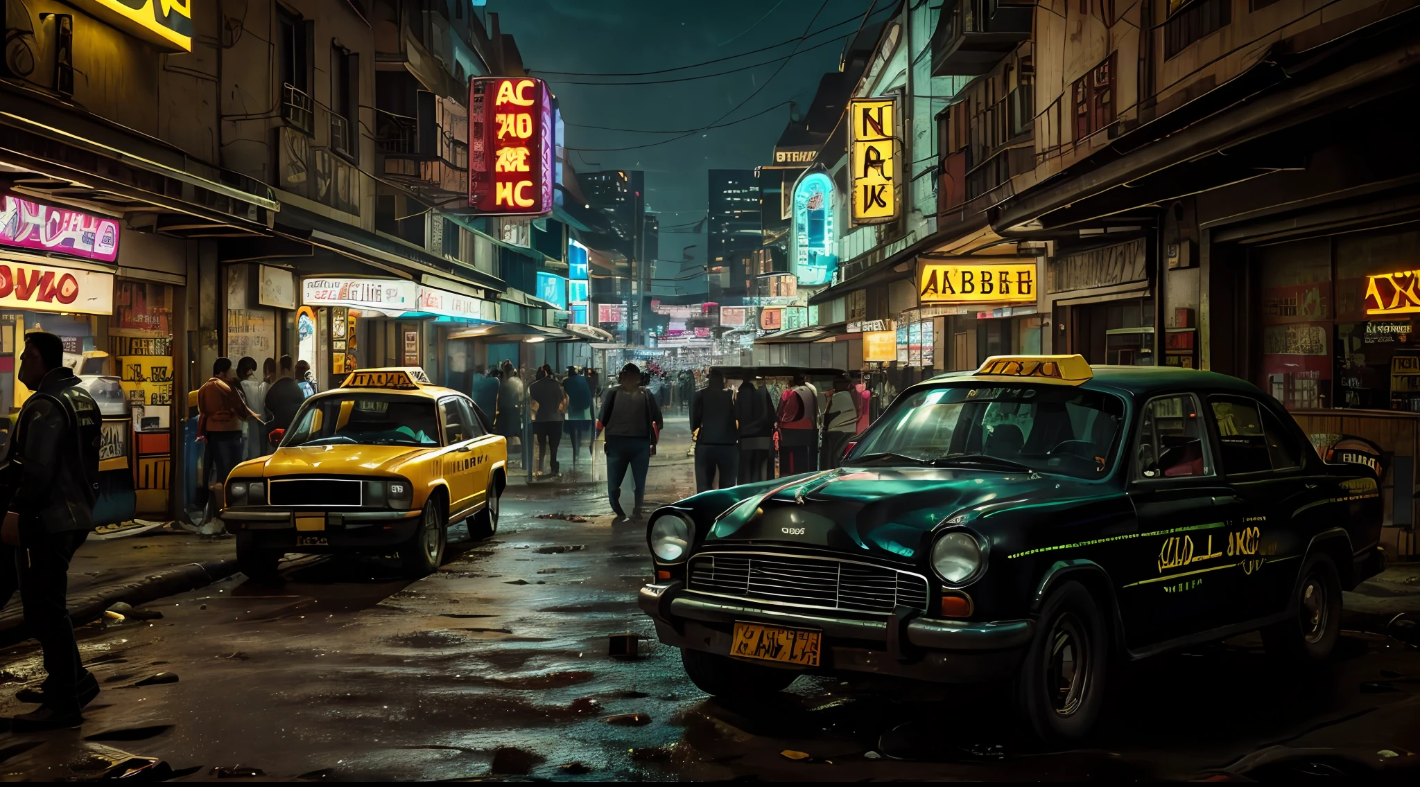 um taxi na chuvosa cidade cyberpunk bustling with neon signs(((cinematic lighthing))), noite, Chuva, luz suave do cinema, Adobe Lightroom, photographic lab, HDR, imenso detalhe, renderizado, fotografia profissional