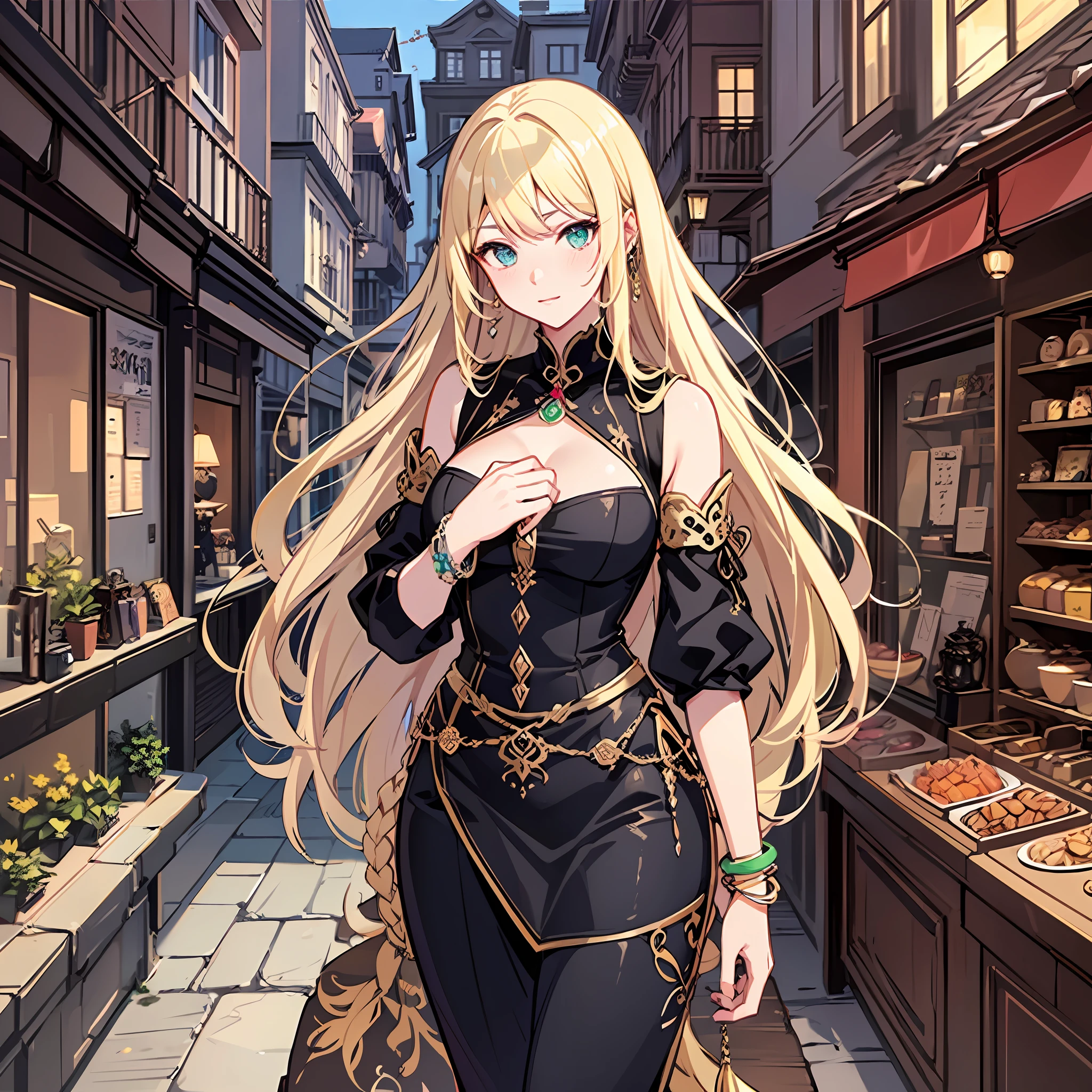 Anime girl in black dress walking down a street with a pastry shop - SeaArt  AI