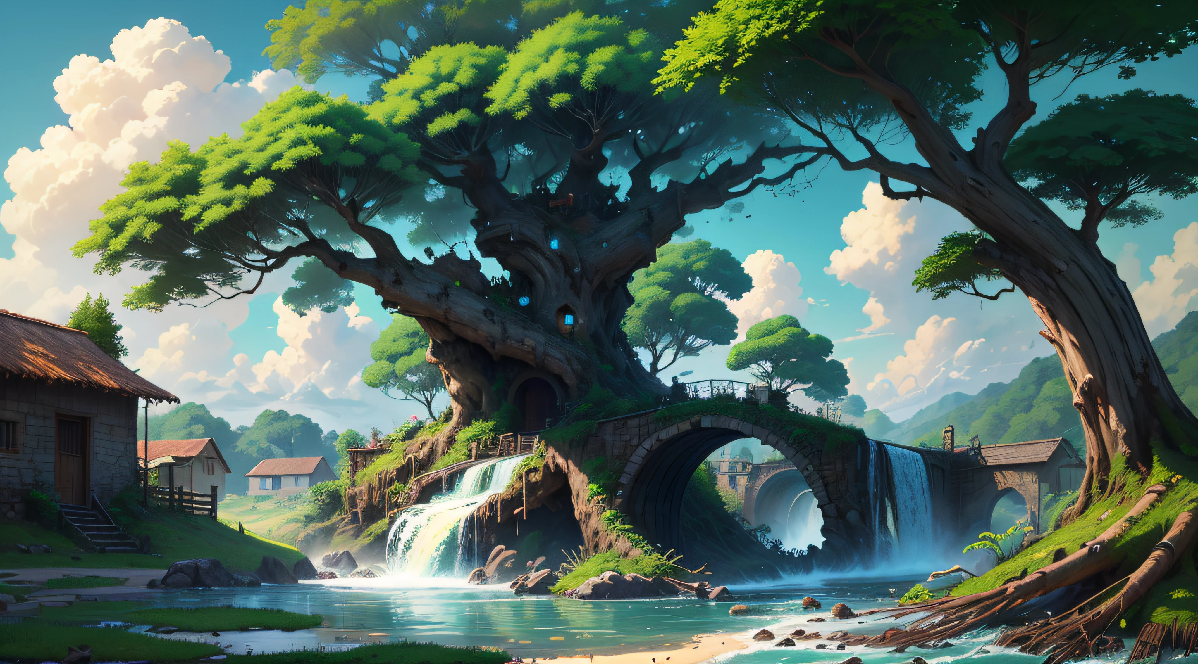 Gigantic colorful trees with many vines, palmtrees, coconut tree, fallen logs, a watermill with a waterwheel, Windmill Mill, in a lush waterfall, river with big hyper realistic rocks, sky with clouds, floor, moonligh, global ilumination, Depth of field,