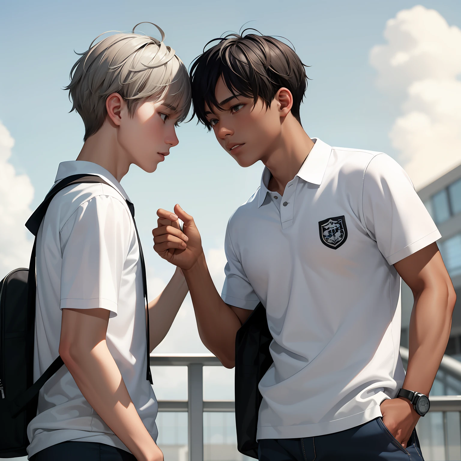 Two 15-year-old teenage male friends with dark skin and light gray hair at school share a secret that they are almost brother-like friends.....