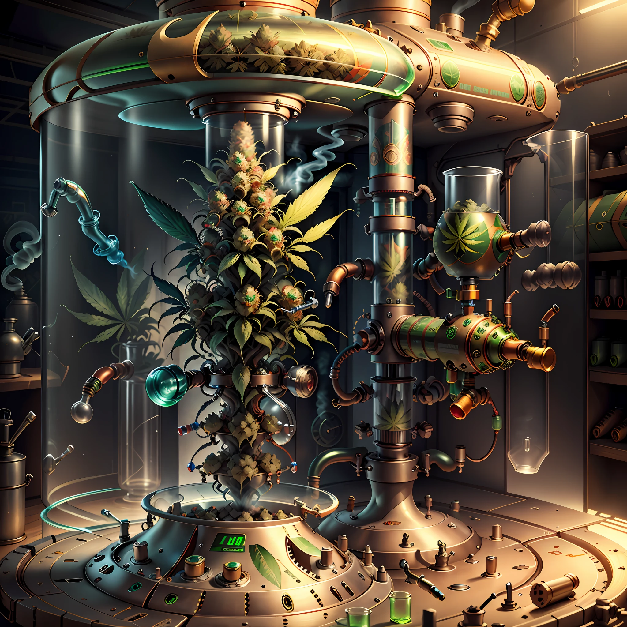 concept art, marijuana smoking machine, retro-futuristic, glass valve-powered