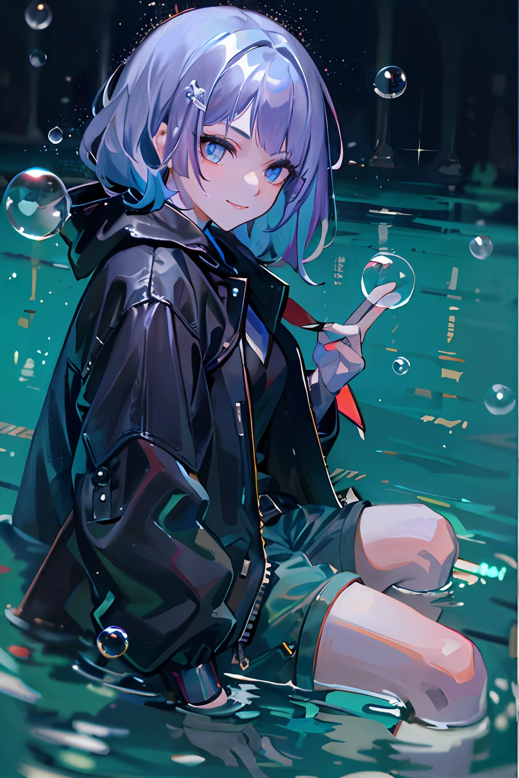 ((top-quality)), ((​masterpiece)), ((ultra-detailliert)), (extremely delicate and beautiful), girl with, 独奏, cold attitude,((Black jacket)),She is very(relax)with  the(Settled down)Looks,A dark-haired, depth of fields,evil smile,Bubble, under the water, Air bubble,bright light blue eyes,Inner color with black hair and light blue tips,Cold background,Bob Hair - Linear Art, shortpants、knee high socks