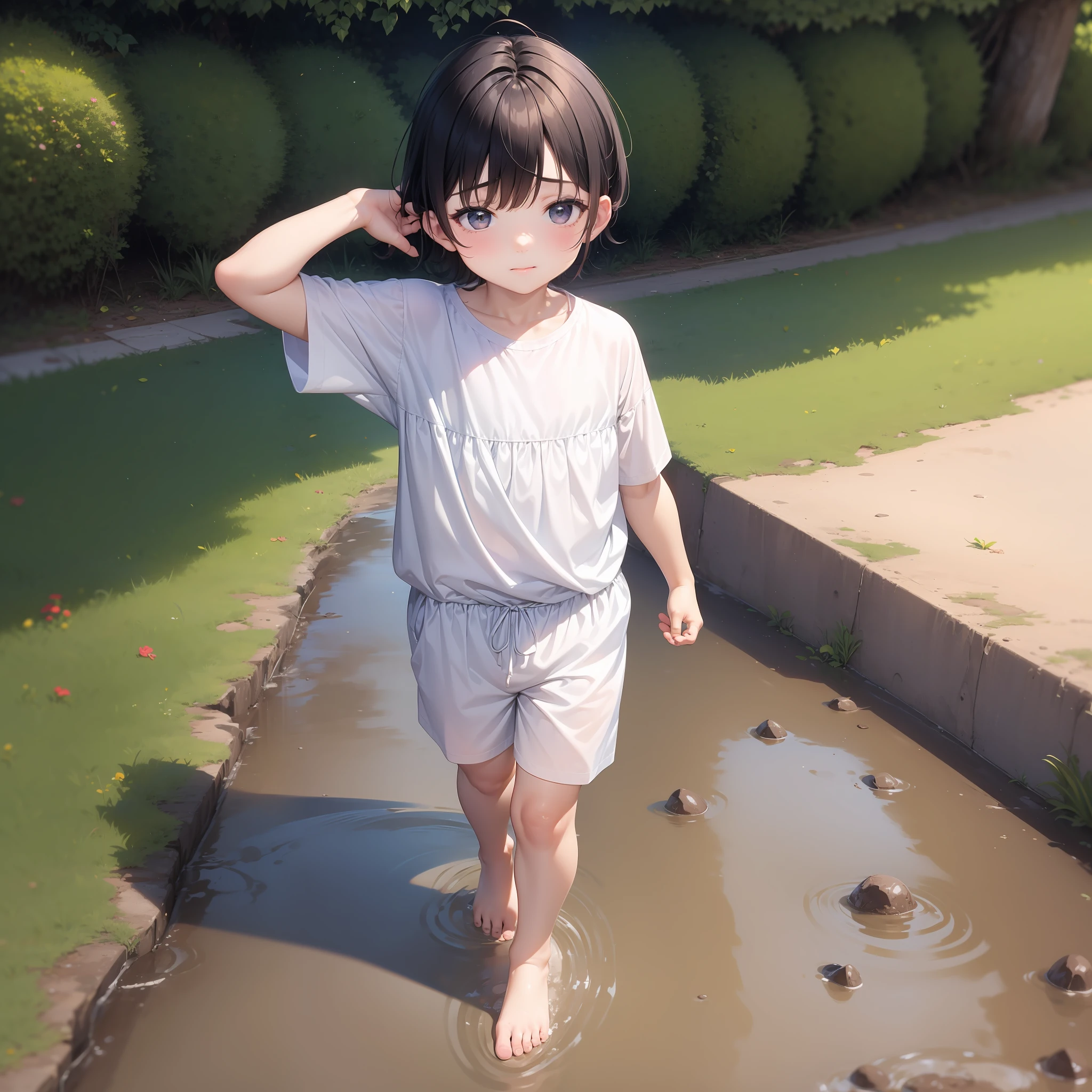 A 6-year-old child walks barefoot in the mud，Slightly fat，White top，Untidy bangs，Shota，Barefoot，sludgy，Dirty，footprints。and the sun was shining brightly，quadratic element