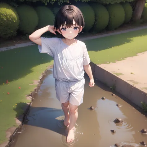 A 6-year-old child walks barefoot in the mud，Slightly fat，White top，Untidy bangs，Shota，Barefoot，sludgy，Dirty，footprints。and the ...