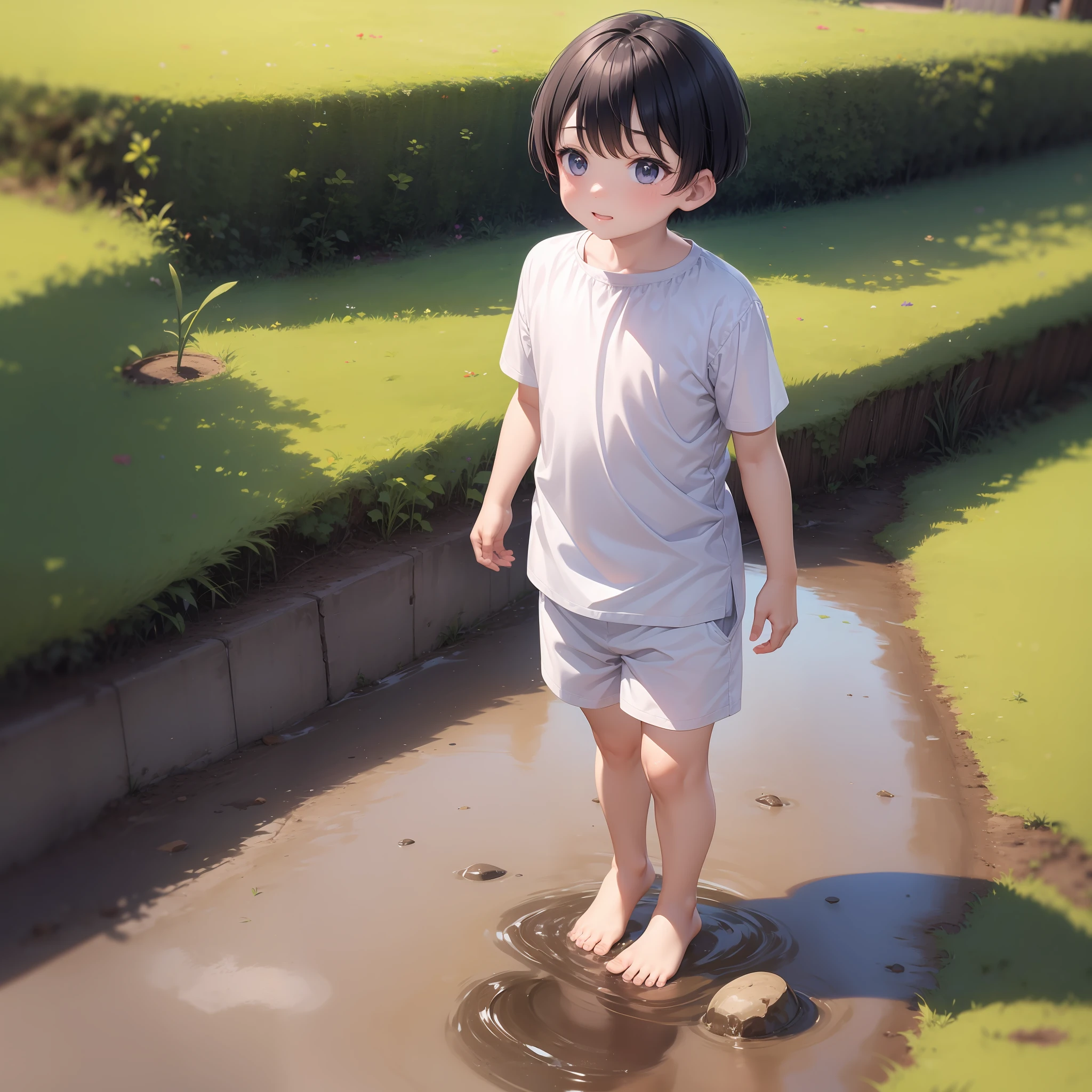 A 6-year-old child walks barefoot in the mud，Slightly fat，White top，Untidy bangs，Shota，Barefoot，sludgy，Dirty，footprints。and the sun was shining brightly，quadratic element