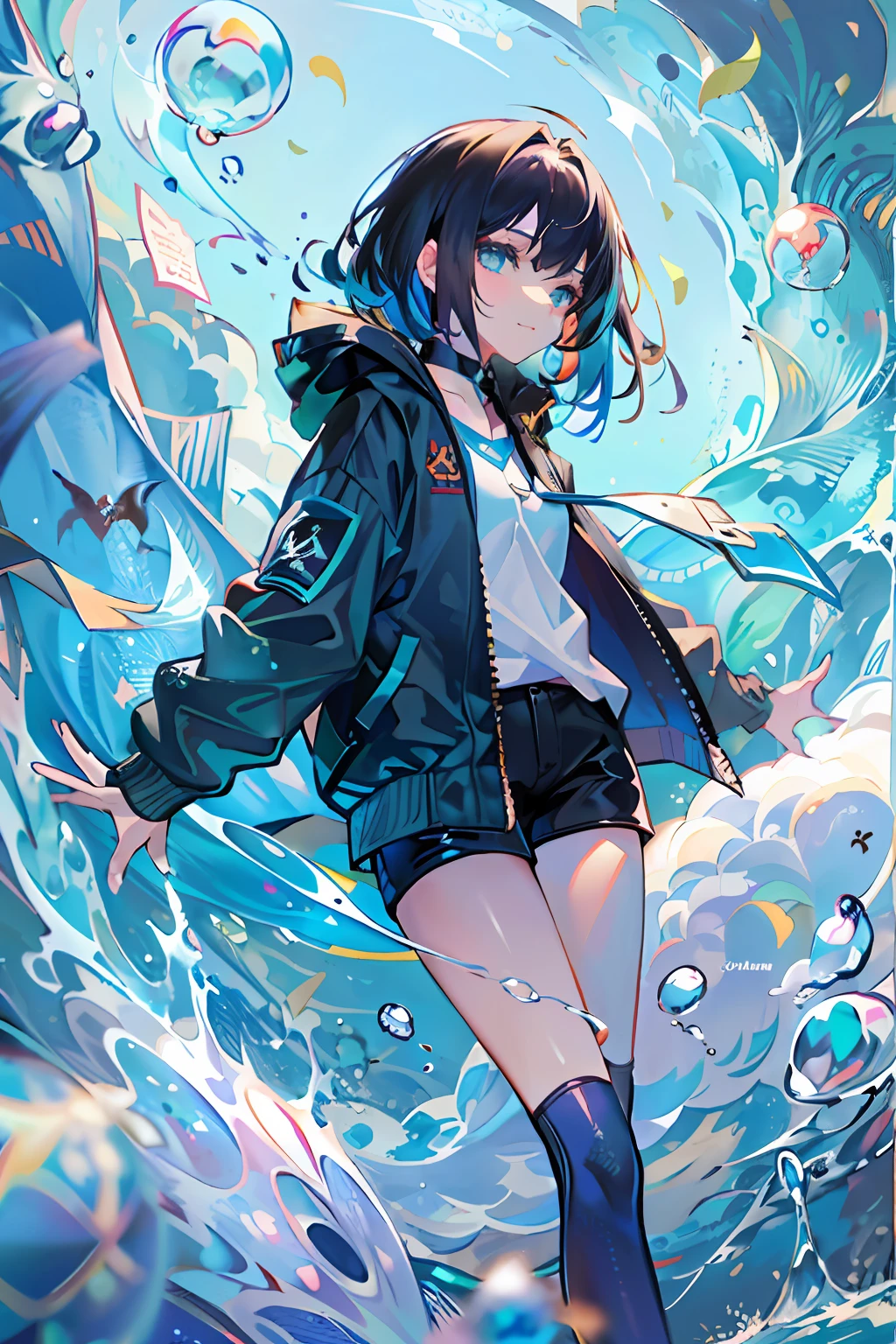 ((top-quality)), ((​masterpiece)), ((Ultra-detail)), (extremely delicate and beautiful), girl with, solo, cold attitude,((Black jacket)),She is very(relax)with  the(Settled down)Looks,A darK-haired, depth of fields,evil smile,Bubble, under the water, Air bubble,bright light blue eyes,Inner color with black hair and light blue tips,Cold background,Bob Hair - Linear Art, shortpants、knee high socks、Camisole inner shirt