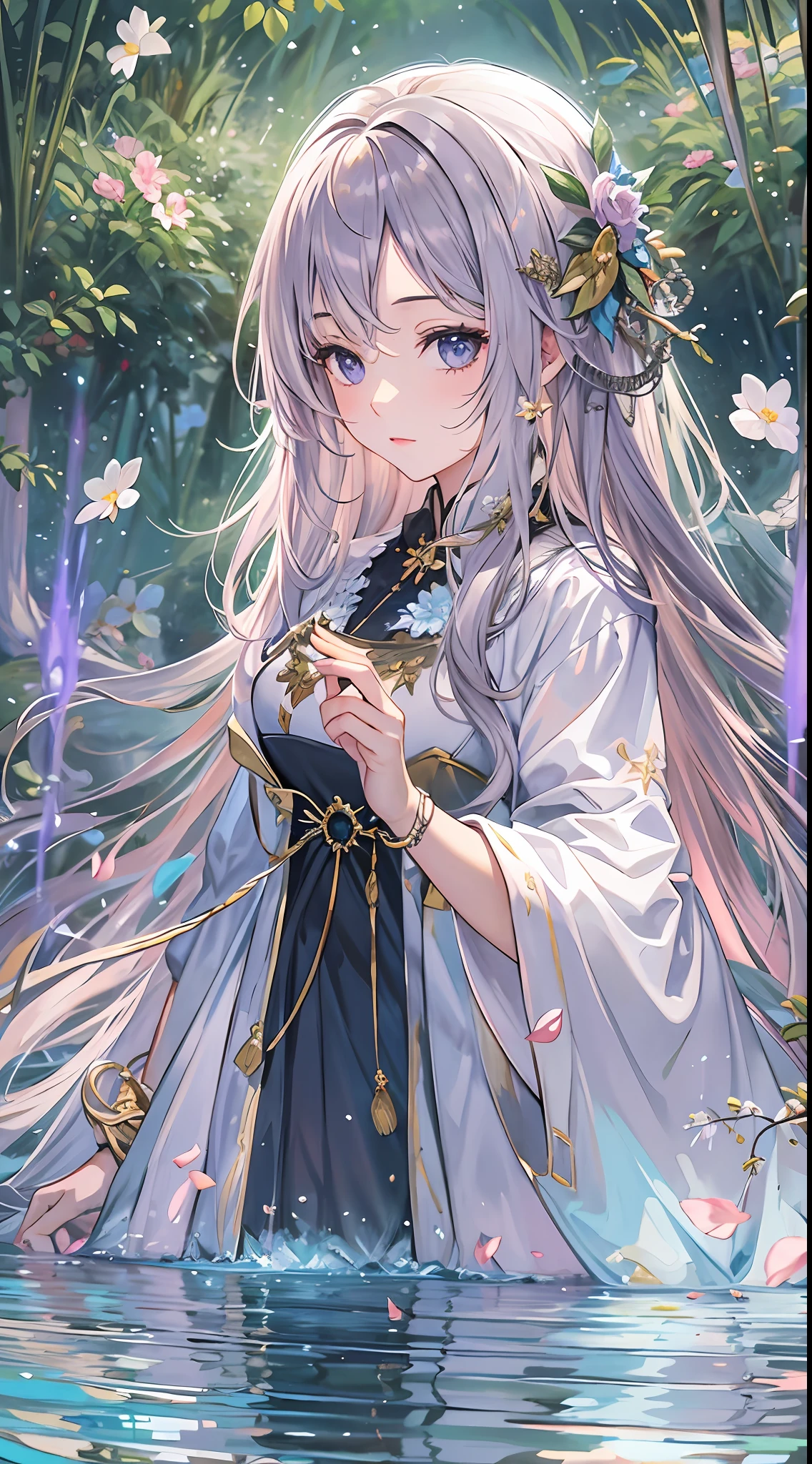 ((best quality)),((masterpiece)),(detailed),(Highly detailed),ultra high res,1girl,mature female,solo,flowing hair,mystical makeup,medium breasts,veil,long robes,vibrant purple cloak,black legwear,hair ornament,brooch,bangle,beautiful and delicate water, the finest grass, very delicate light, nature, painting, water spray, breeze, flowers and grass meadow, near the water edge, (sunset, starry sky in a circle), randomly distributed clouds, river, splashing water, falling petals