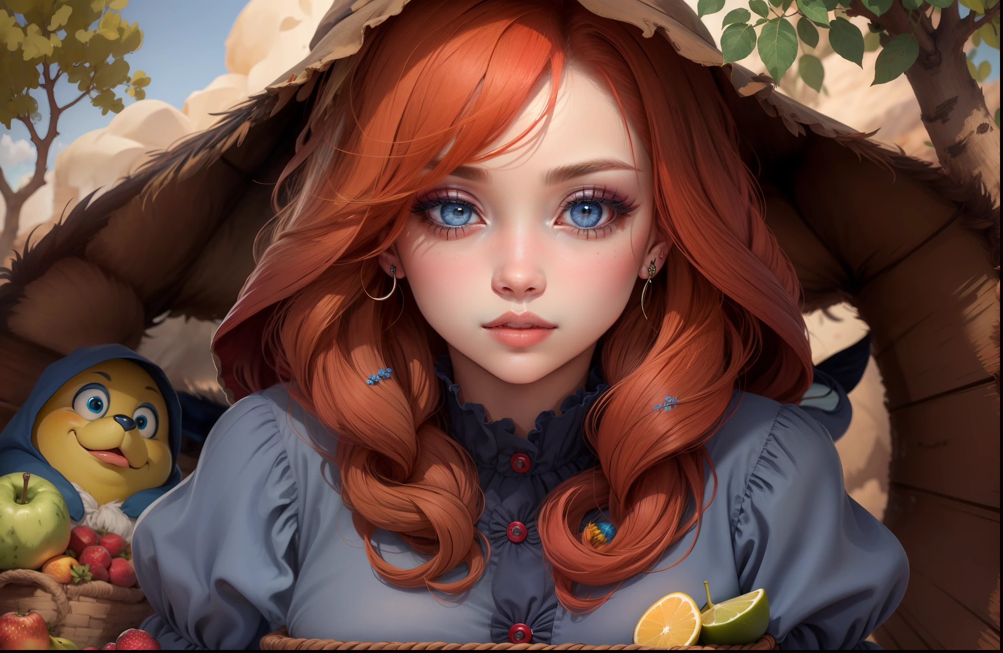 ojos azules,  RedHoodWaifu, (capucha roja, cabo, full bodied, vestido, falda roja),  Cesta de frutas,  Manos bonitas, buenas manos, Cara detallada, ojos detallados, Labios detallados, detailed eyelashes,