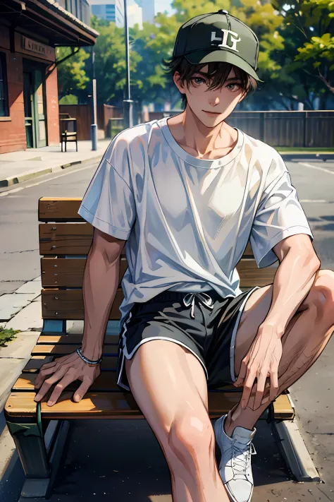 (absurdres, highres, ultra detailed, HDR), masterpiece, best quality, 1boy, solo, handsome, dark brown hair, Wears a baseball ca...