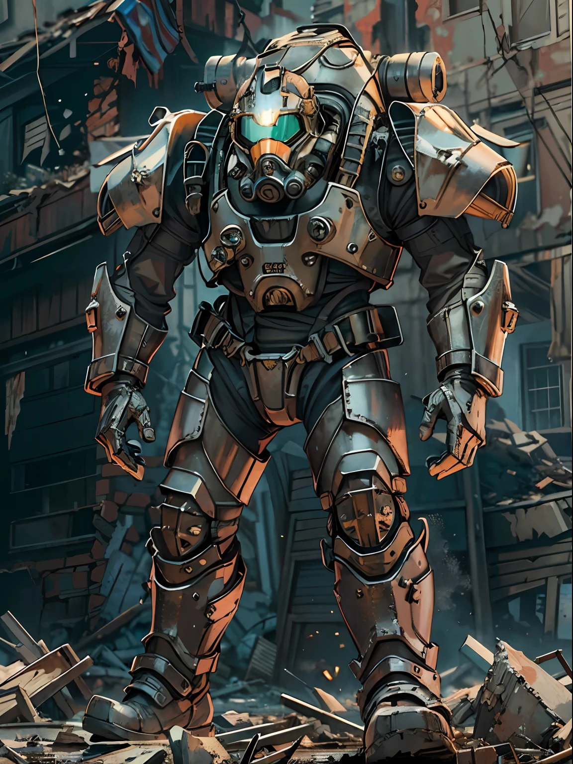 (highres, masterpiece, ultra-detailed, 1boy, armor, power_armor, Fallout, T-51_power_armor, standing, full_armor, helmet, holding_weapon, laser_rifle, post-apocalyptic, rubble, ruins, destroyed_building, solo, looking_at_viewer, glowing_eyes, armored_boots, armored_gloves, environment, outdoors)