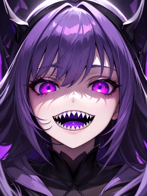 1girl , night hunter, glowing violet eyes, night, sharp teeth, open mouth, mischivous smile, scary, close up
hard lighting, best...