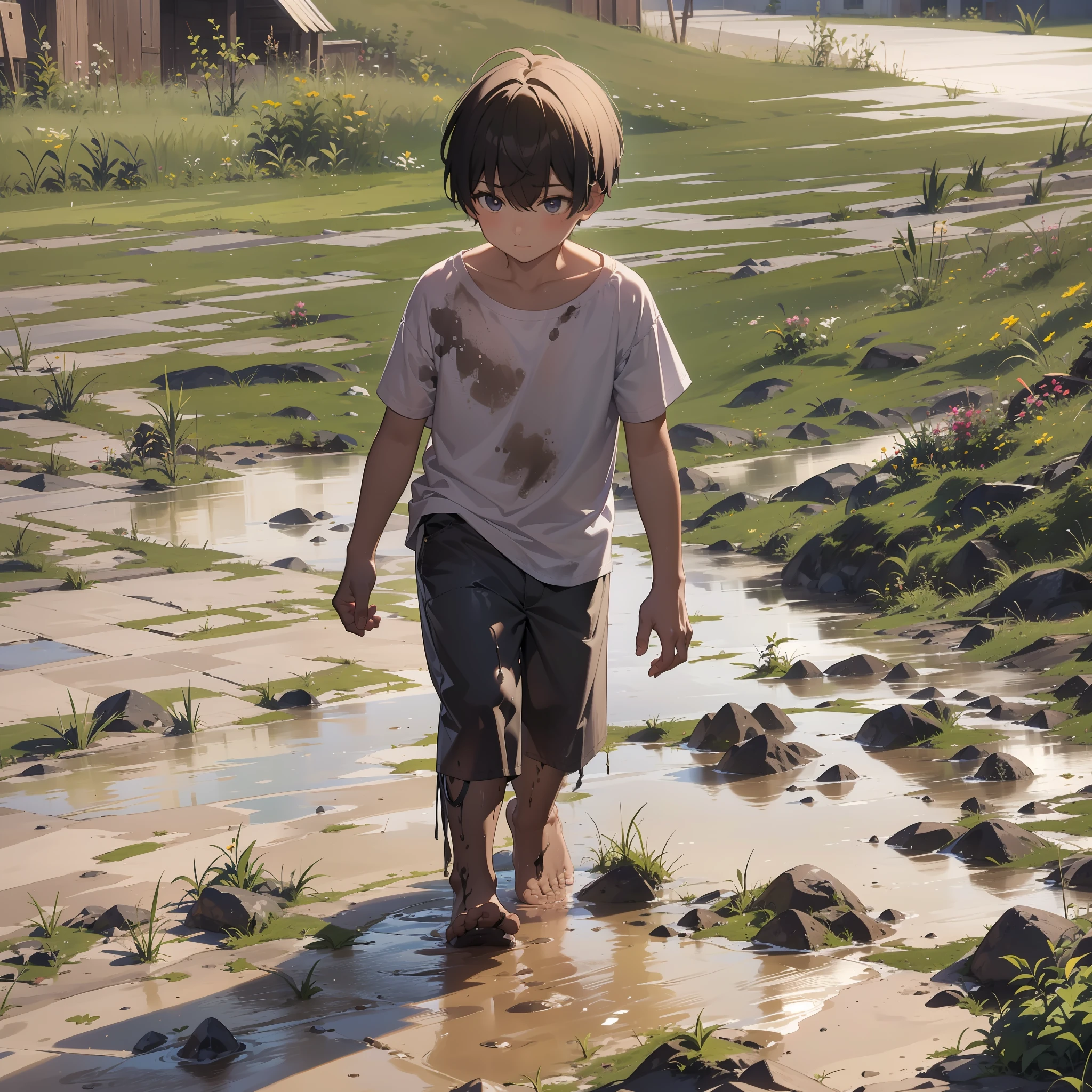 A 6-year-old boy walks barefoot in the mud，Slightly fat，White top，Untidy bangs，Shota，Barefoot，sludgy，Dirty，footprints。and the sun was shining brightly，quadratic element