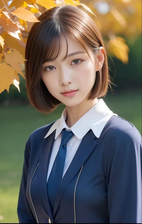 (top-quality、hight resolution、​masterpiece:1.3)、Short-cut hairstyles 、Women in Japan 、Short skirt and bow tie、Autumn uniforms、cute school girl、Pendants、plein air、Scenic beauty、Autumn lake and mountains on distant background、Beautiful details of face and sk...